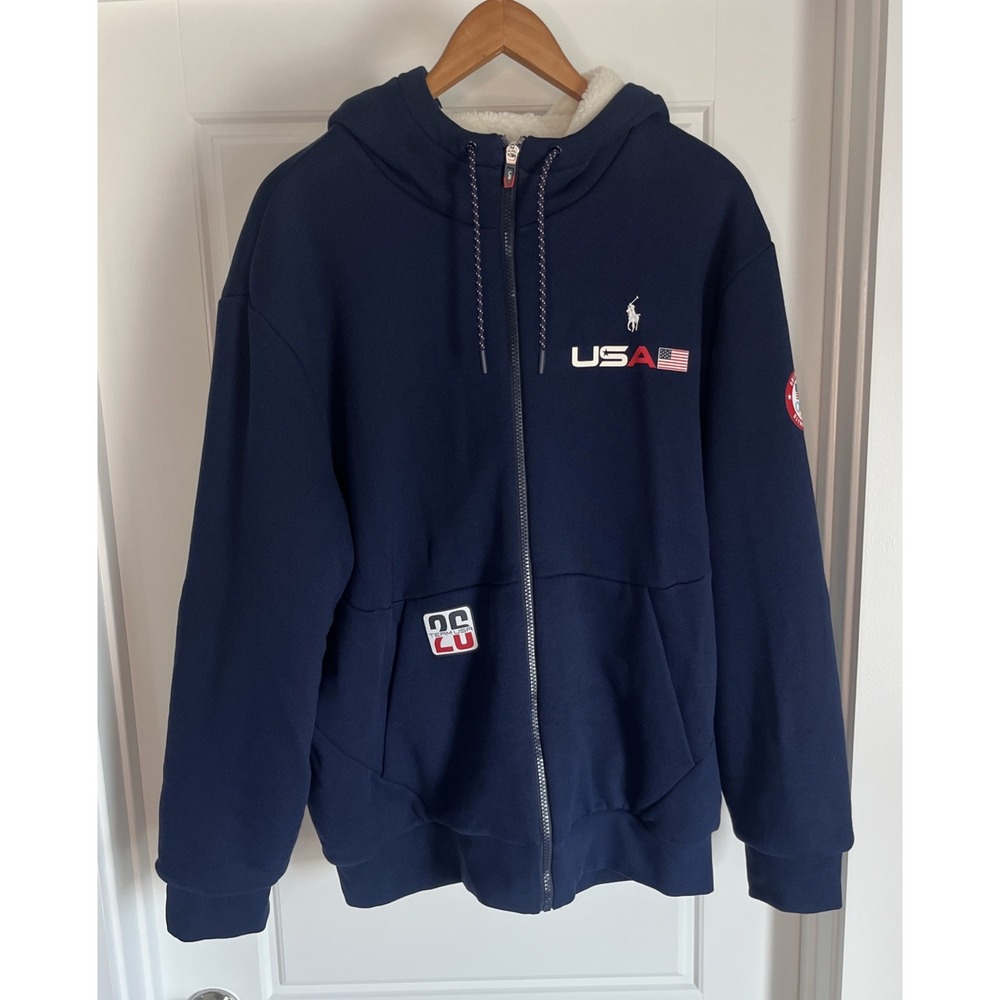 Polo Ralph Lauren Men Team USA 2026 olympics Fleece Full-Zip Hoodie L Blue USA